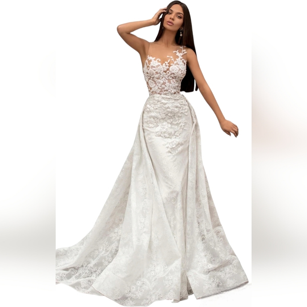 Nwt Tarik Ediz Daisy Ivory Lace Illusion Bodice Attached Train Wedding Gown